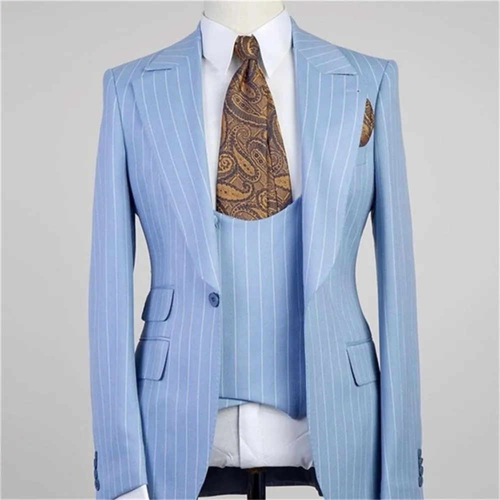 Chic Blue Stripe Peaked Lapel Three Pieces Men Suits