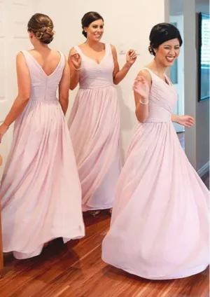 Chiffon Floor Length A-line Sleeveless V Neck Wedding Party Bridesmaid Dress