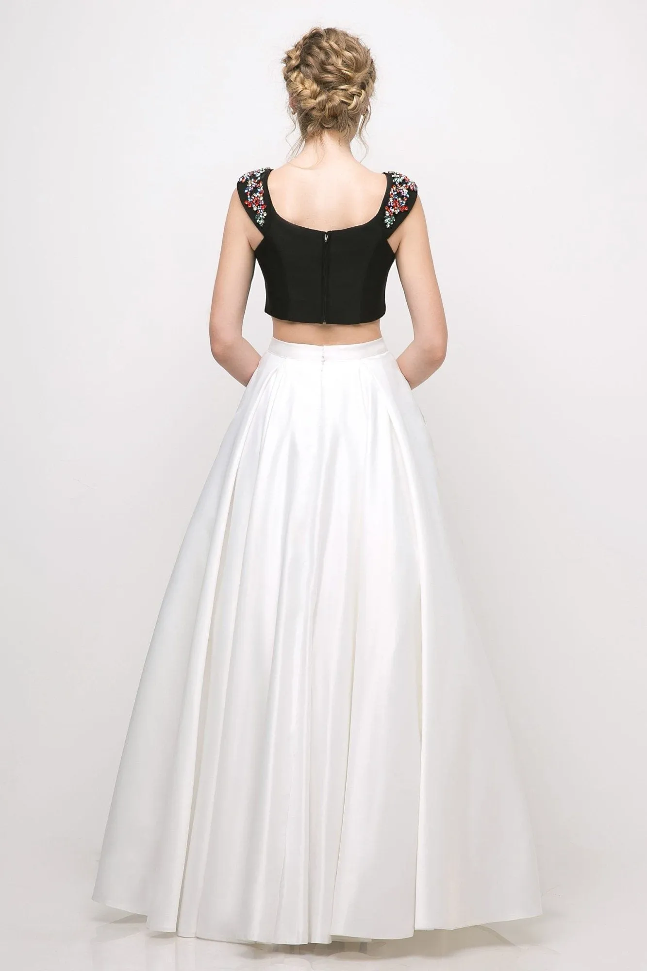Cinderella Divine CA316 Off The Shoulder Two Piece A-Line Gown Floral Sleeve