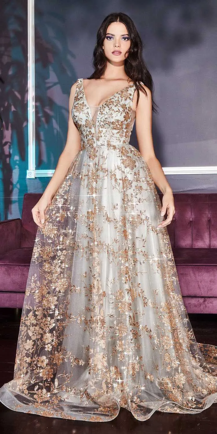 Cinderella Divine CB068 Floor Length A-Line Formal Glitter Dress V-Neckline