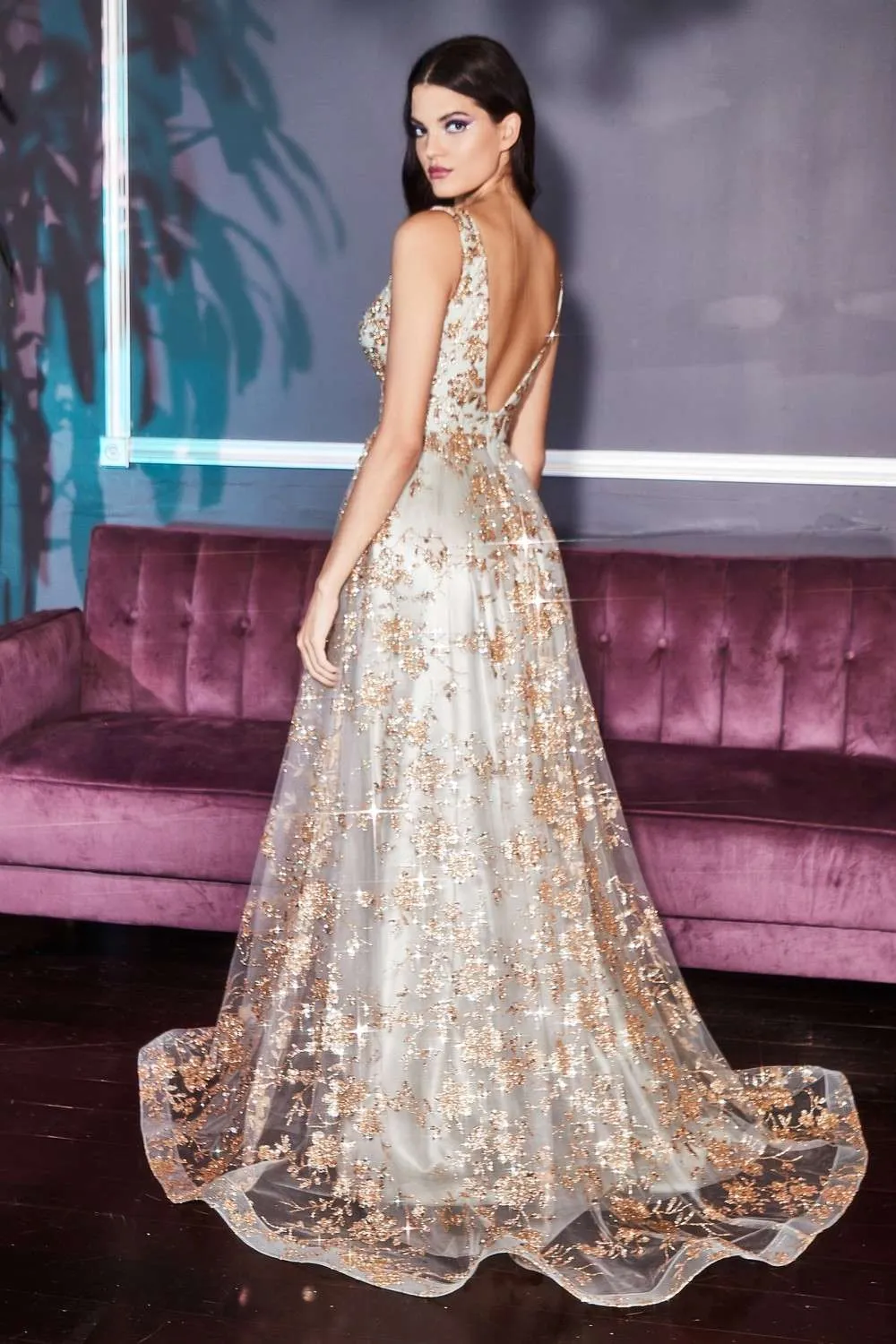Cinderella Divine CB068 Floor Length A-Line Formal Glitter Dress V-Neckline