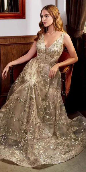 Cinderella Divine CB068 Floor Length A-Line Formal Glitter Dress V-Neckline