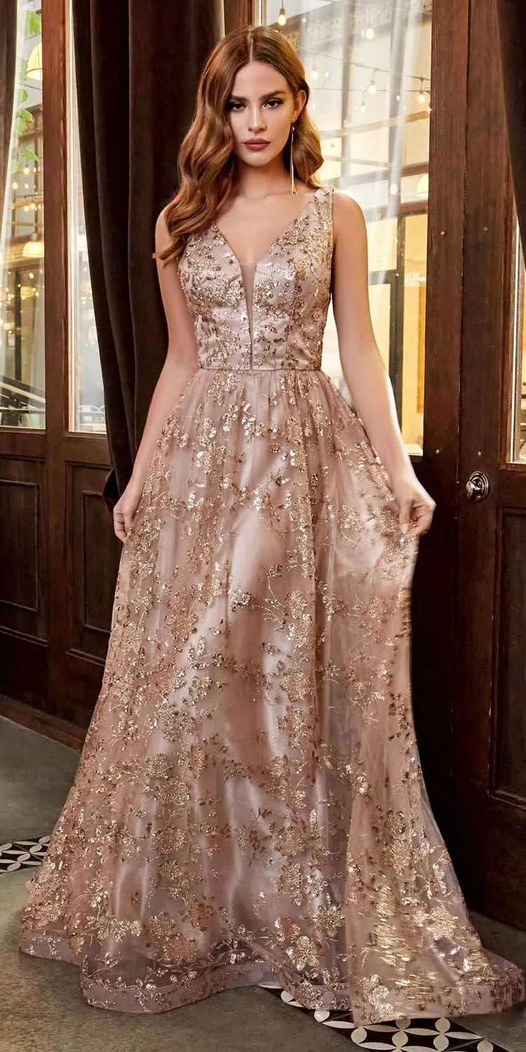 Cinderella Divine CB068 Floor Length A-Line Formal Glitter Dress V-Neckline