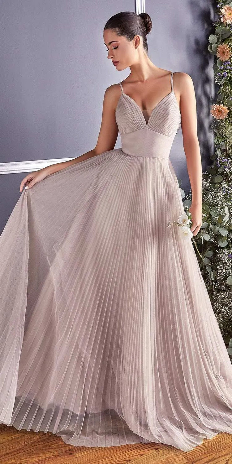 Cinderella Divine CD184 Long Pleated A-Line Tulle Dress Spaghetti Strap