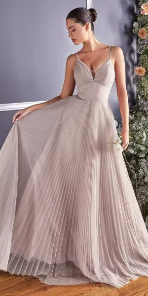 Cinderella Divine CD184 Long Pleated A-Line Tulle Dress Spaghetti Strap