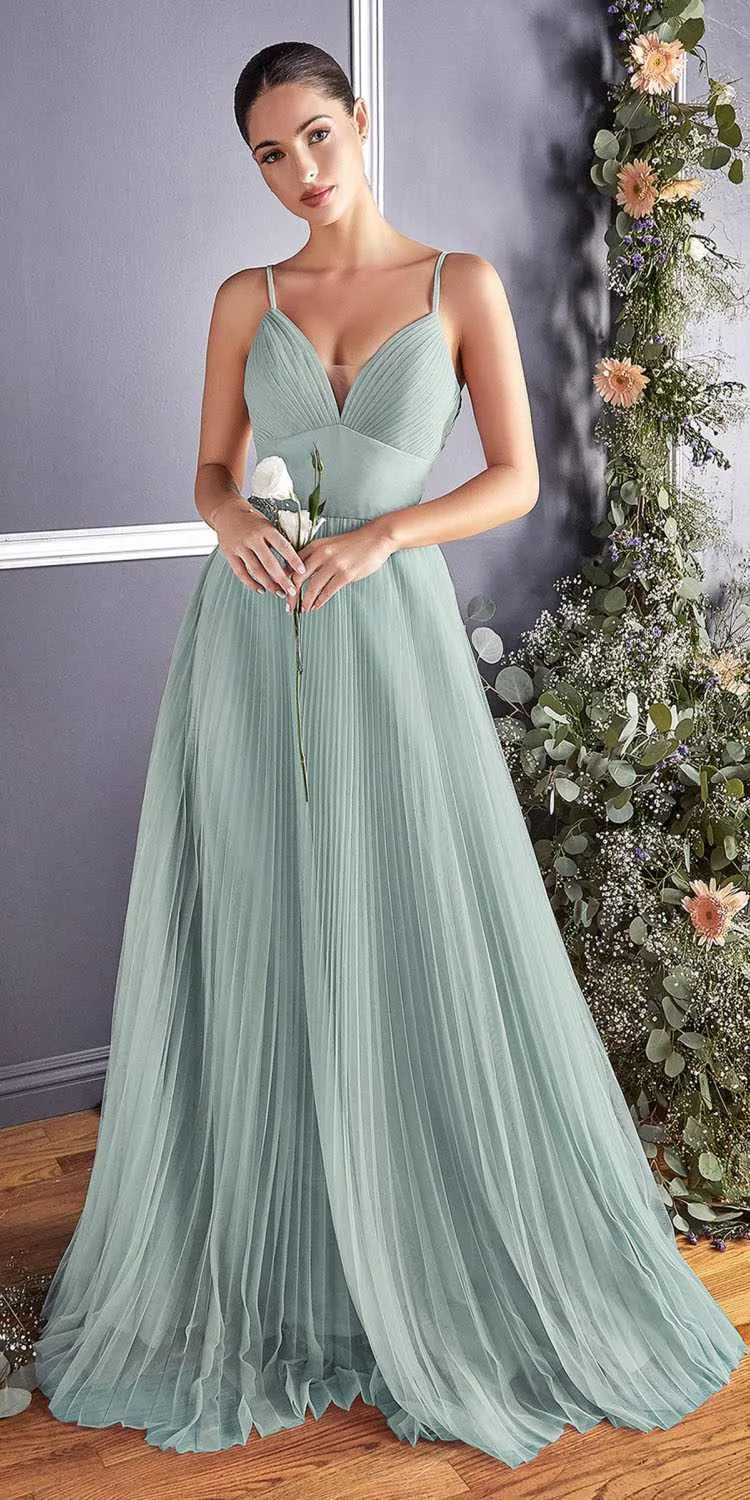 Cinderella Divine CD184 Long Pleated A-Line Tulle Dress Spaghetti Strap
