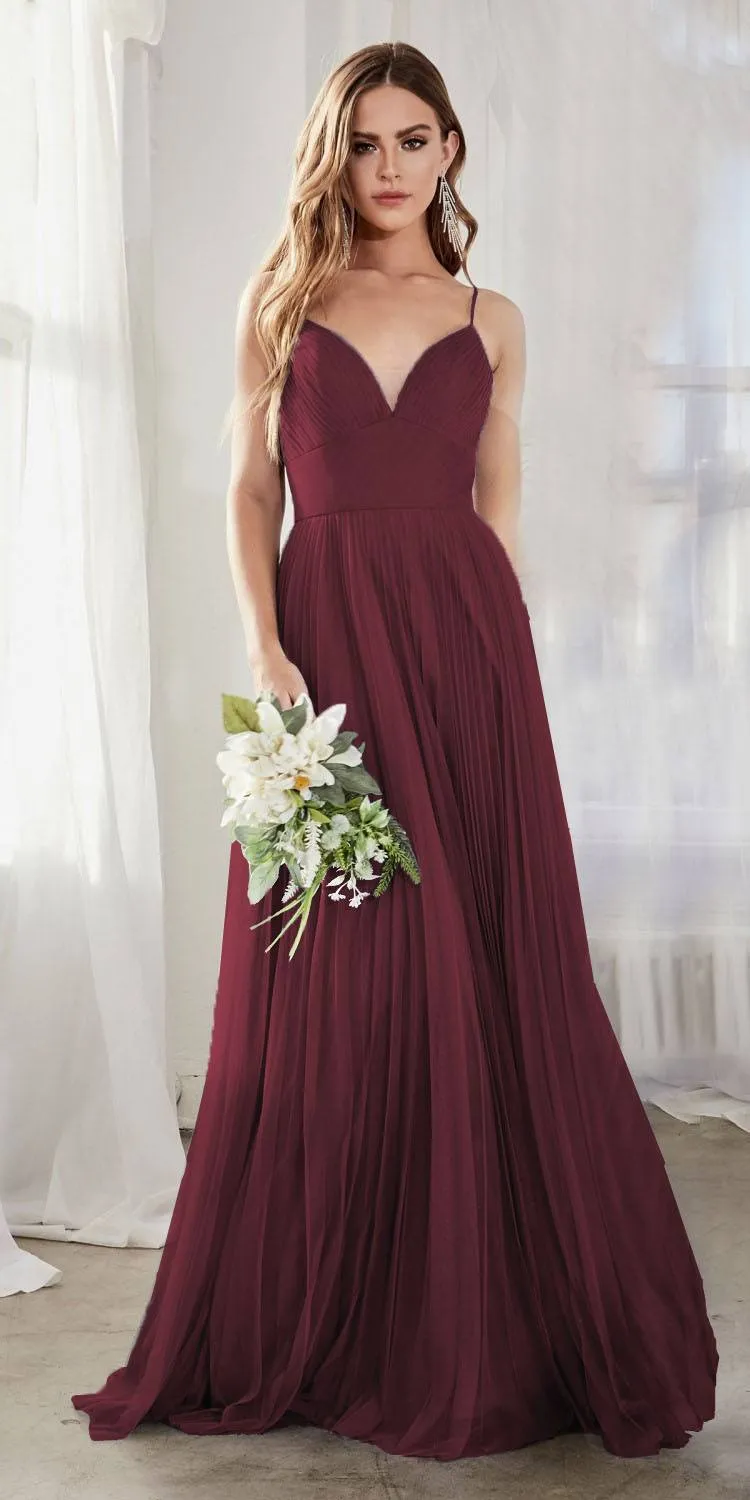 Cinderella Divine CD184 Long Pleated A-Line Tulle Dress Spaghetti Strap