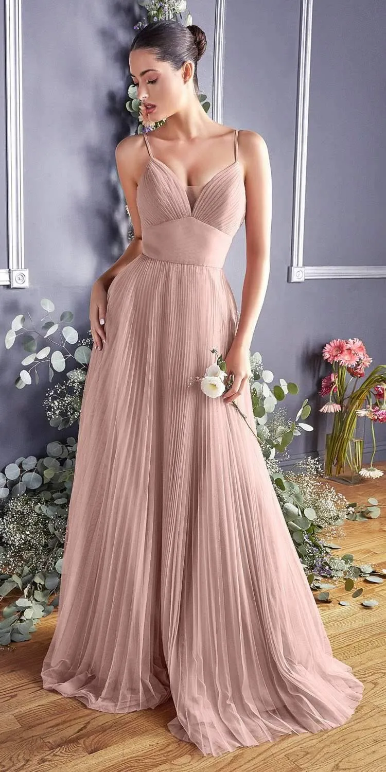 Cinderella Divine CD184 Long Pleated A-Line Tulle Dress Spaghetti Strap