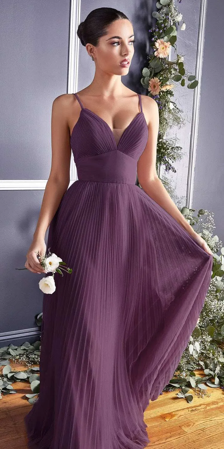 Cinderella Divine CD184 Long Pleated A-Line Tulle Dress Spaghetti Strap