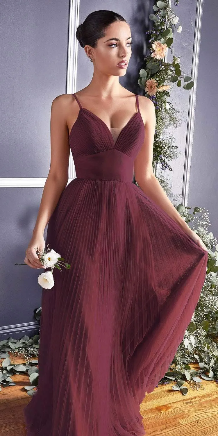 Cinderella Divine CD184 Long Pleated A-Line Tulle Dress Spaghetti Strap