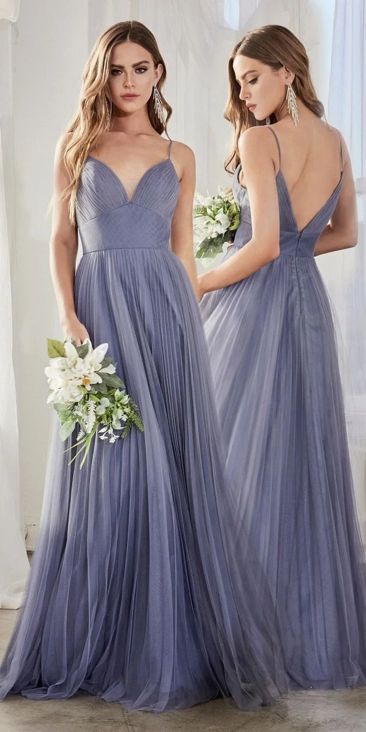 Cinderella Divine CD184 Long Pleated A-Line Tulle Dress Spaghetti Strap