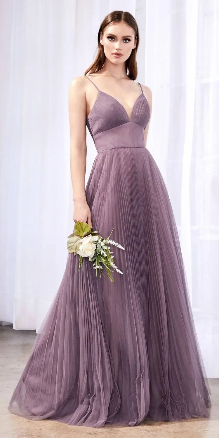 Cinderella Divine CD184 Long Pleated A-Line Tulle Dress Spaghetti Strap
