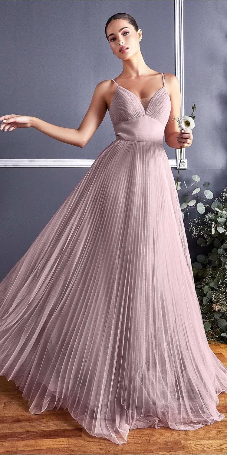 Cinderella Divine CD184 Long Pleated A-Line Tulle Dress Spaghetti Strap