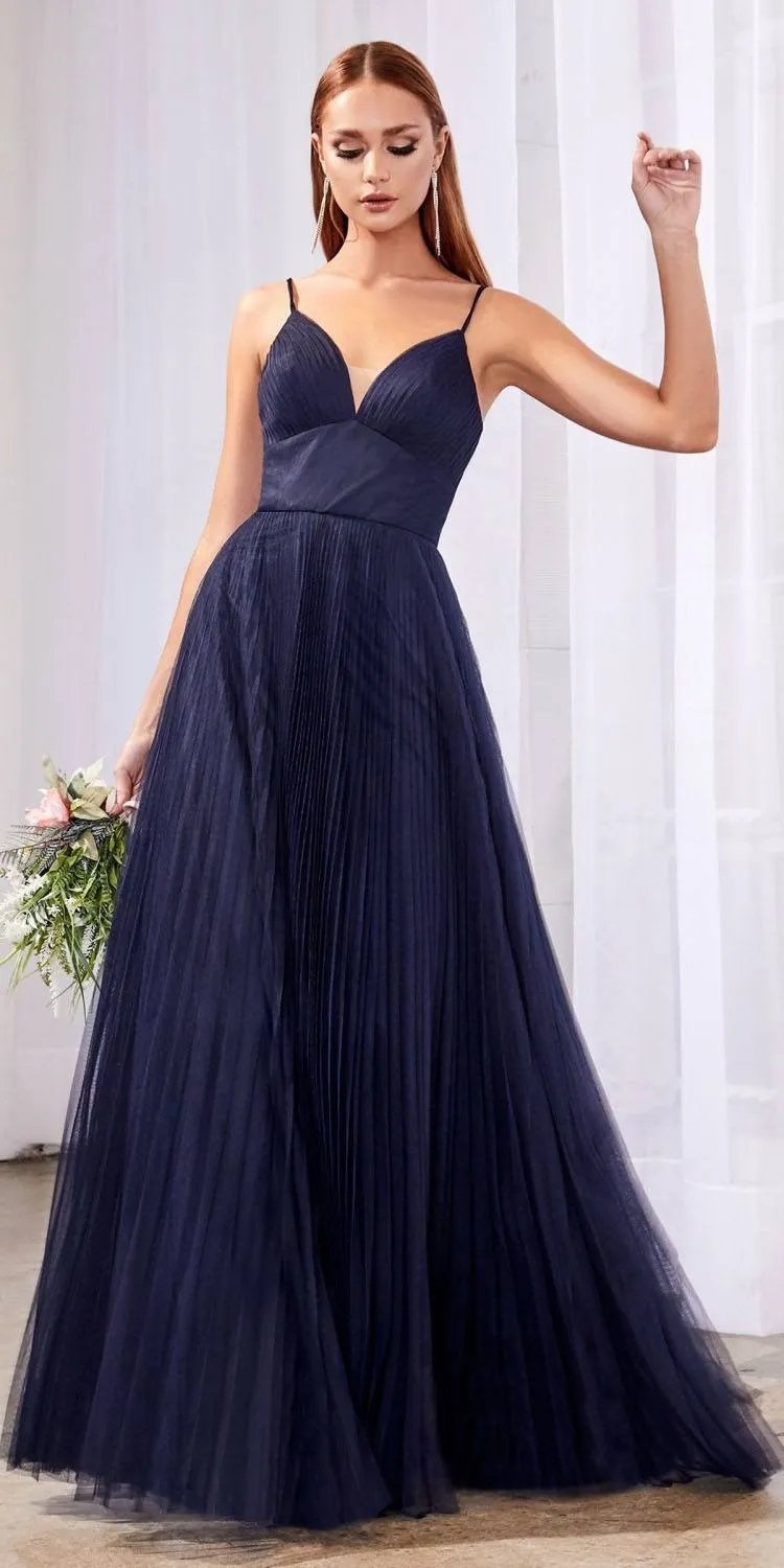 Cinderella Divine CD184 Long Pleated A-Line Tulle Dress Spaghetti Strap