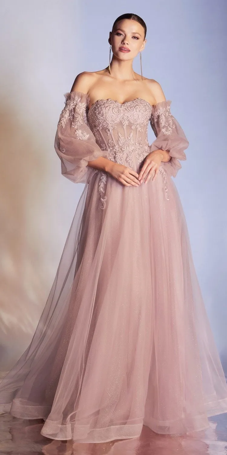 Cinderella Divine CD948 Princess-Like A-Line Tulle Gown Removable Blouson Sleeves