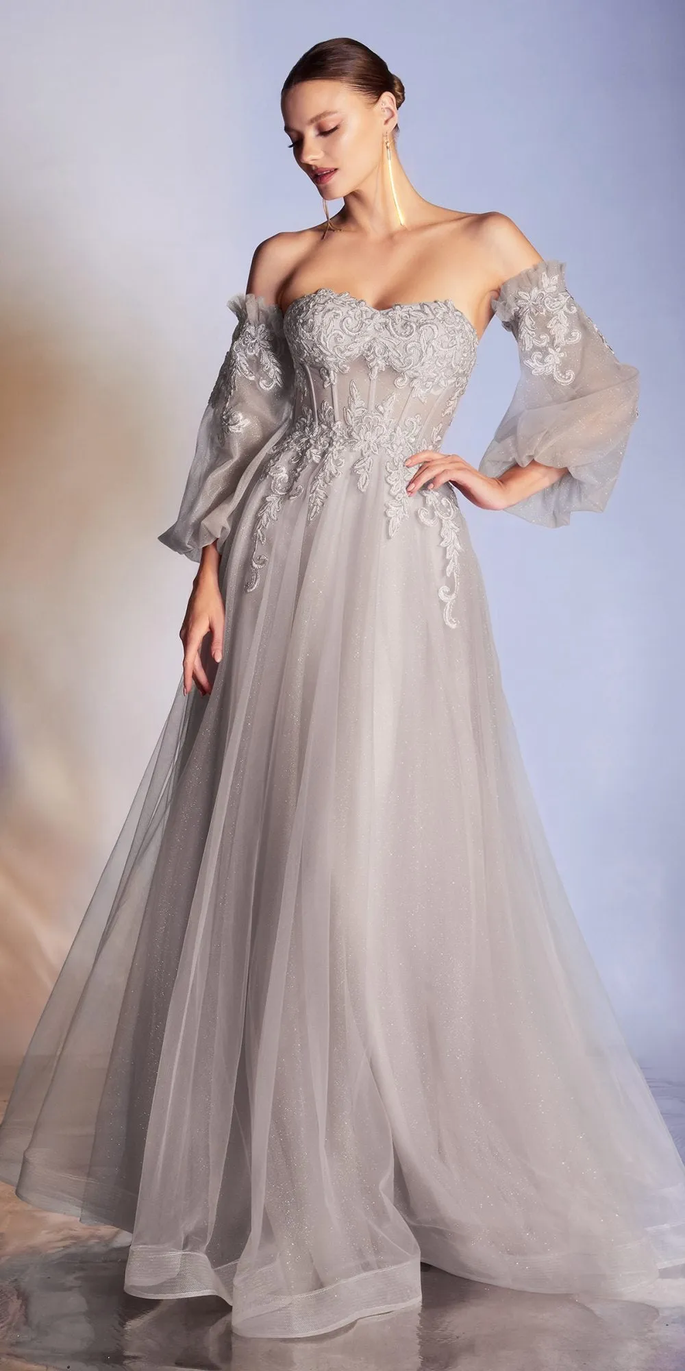 Cinderella Divine CD948 Princess-Like A-Line Tulle Gown Removable Blouson Sleeves