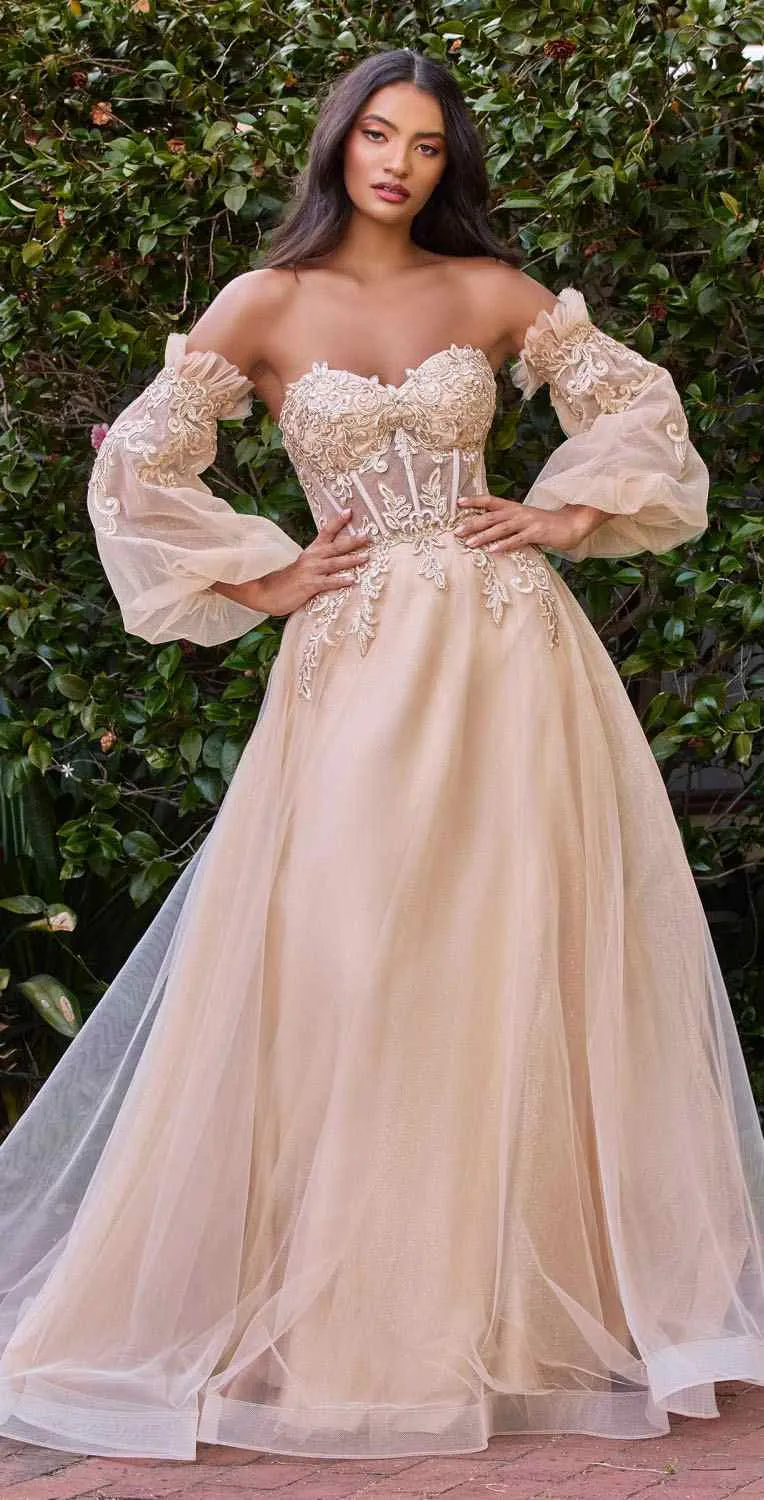 Cinderella Divine CD948 Princess-Like A-Line Tulle Gown Removable Blouson Sleeves