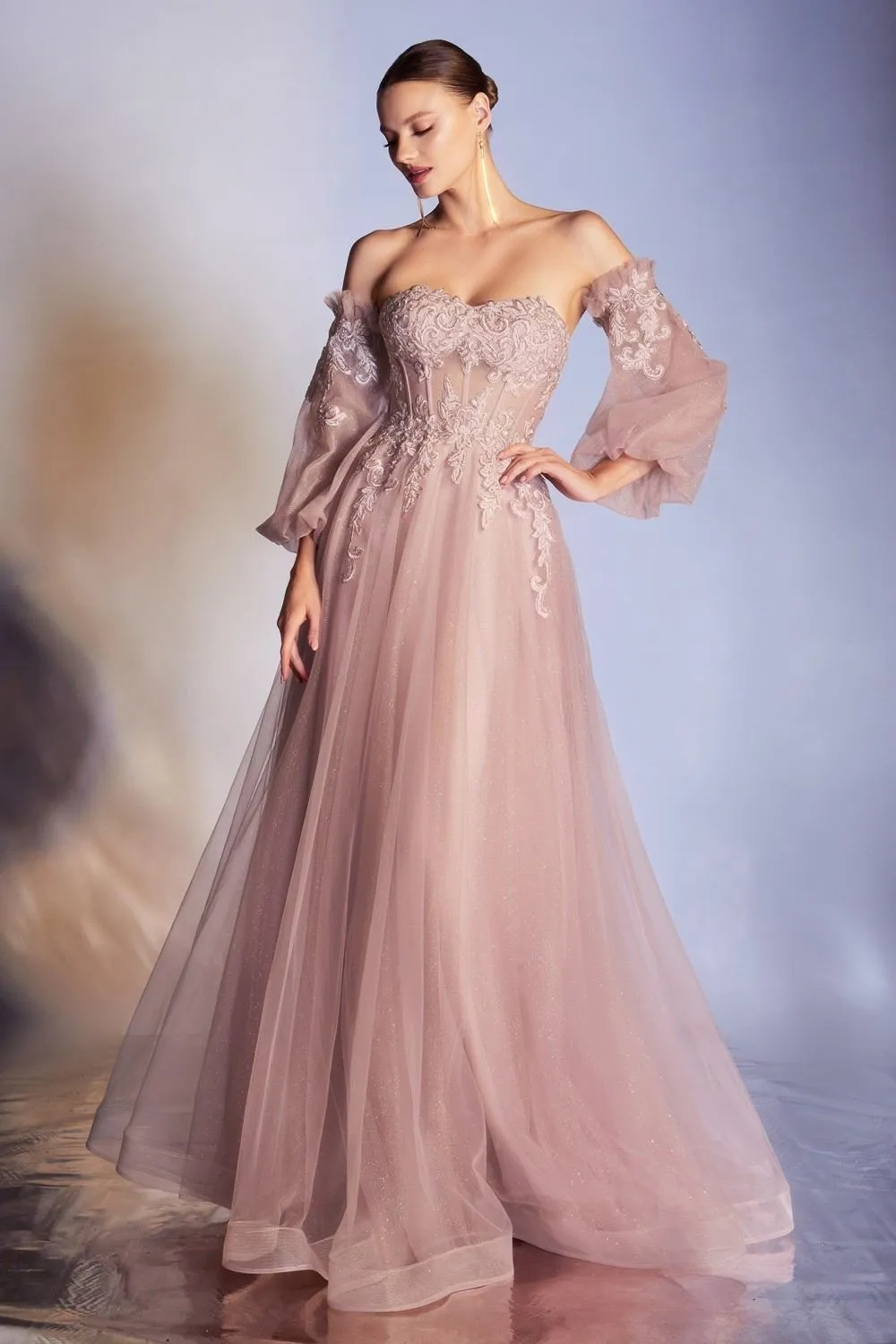 Cinderella Divine CD948 Princess-Like A-Line Tulle Gown Removable Blouson Sleeves
