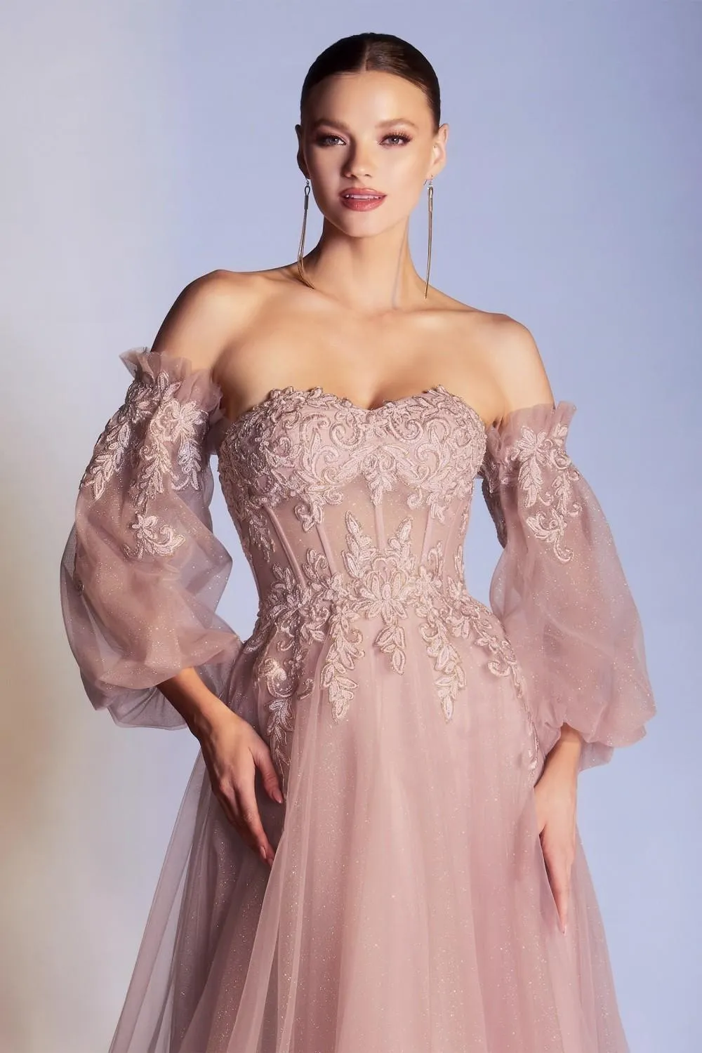 Cinderella Divine CD948 Princess-Like A-Line Tulle Gown Removable Blouson Sleeves