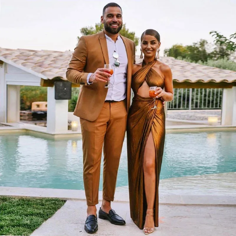 Classy Brown One Button Peaked Lapel Mens Prom Suits
