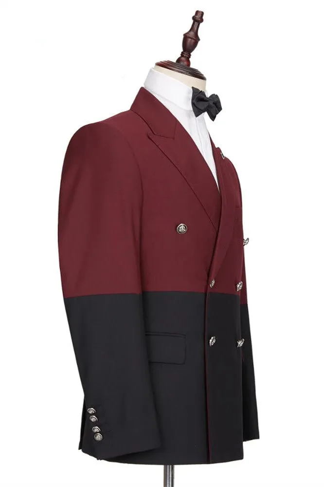 Classy Burgundy and Black Double Breasted Peaked Lapel Men Suits for Prom