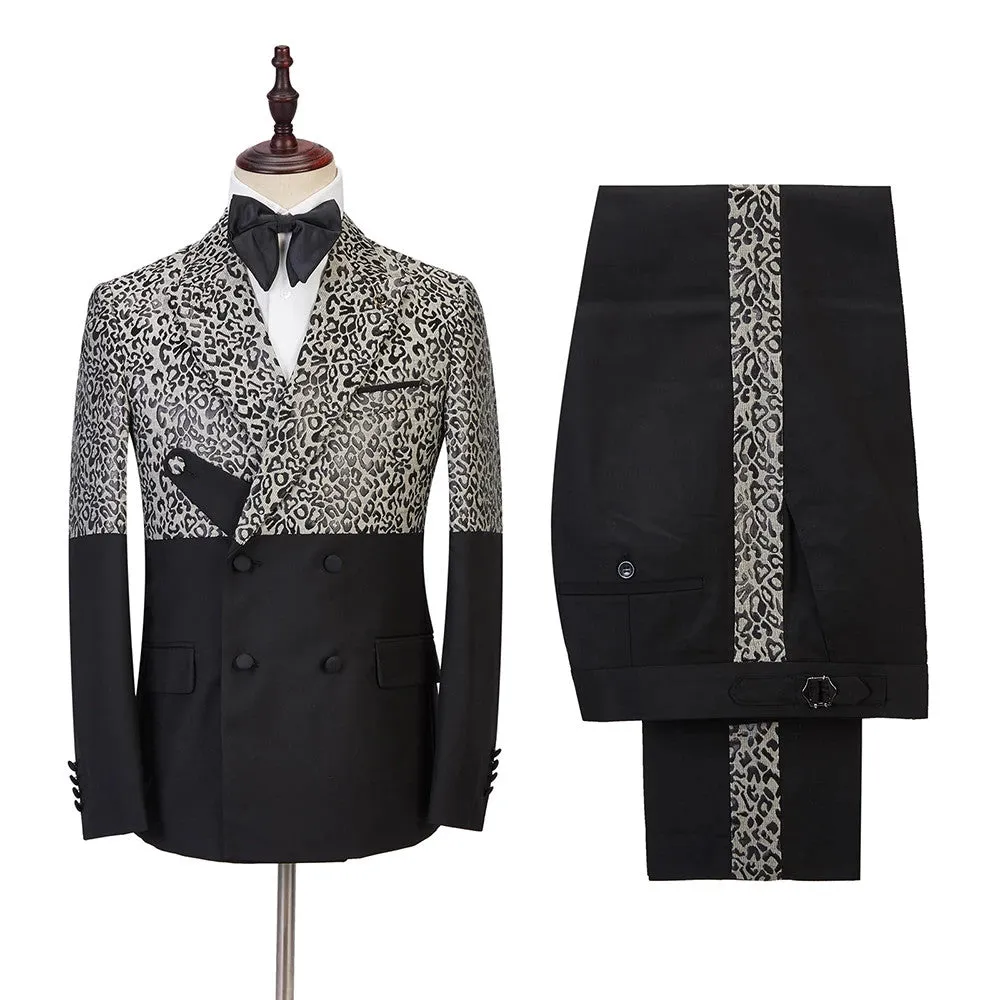 Classy Leopard Print Black Double Breasted Men Suits