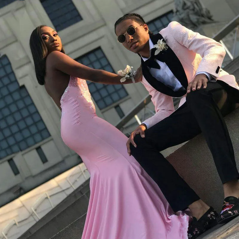Classy Pink Jacquard Men Suit One Button Prom Suit with Shawl Lapel