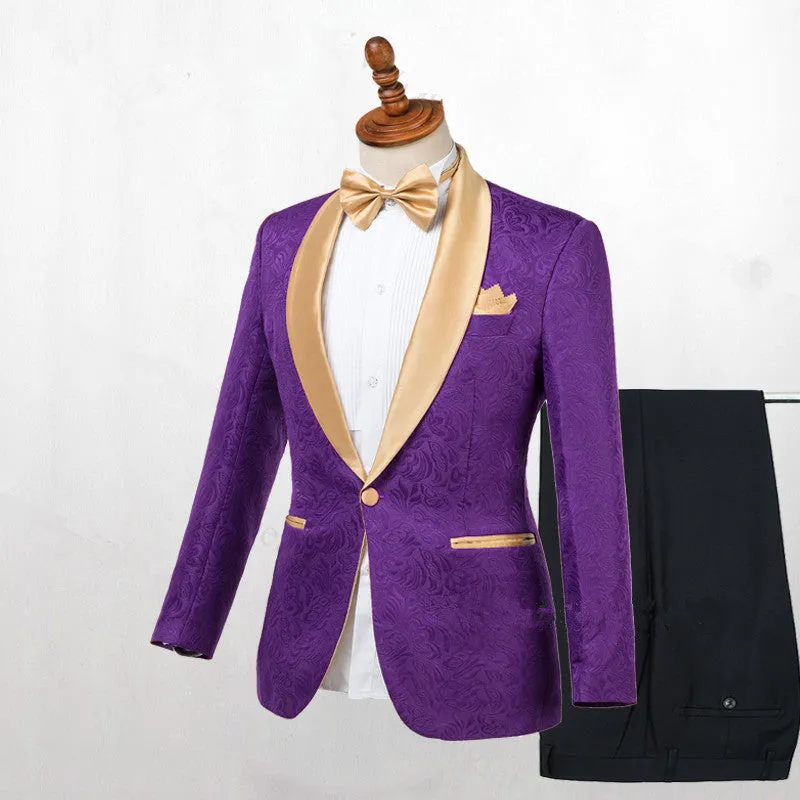 Classy Purple One Button Gold Lapel Wedding Men Suit Online