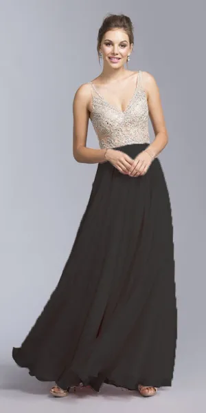 CLEARANCE - Aspeed USA 2055 Illusion Bodice Beaded Long Dress V-Neck (Size XXS)