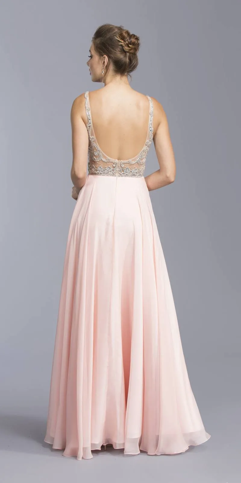 CLEARANCE - Aspeed USA 2055 Illusion Bodice Beaded Long Dress V-Neck (Size XXS)