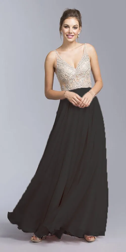 CLEARANCE - Aspeed USA 2055 Illusion Bodice Beaded Long Dress V-Neck (Size XXS)