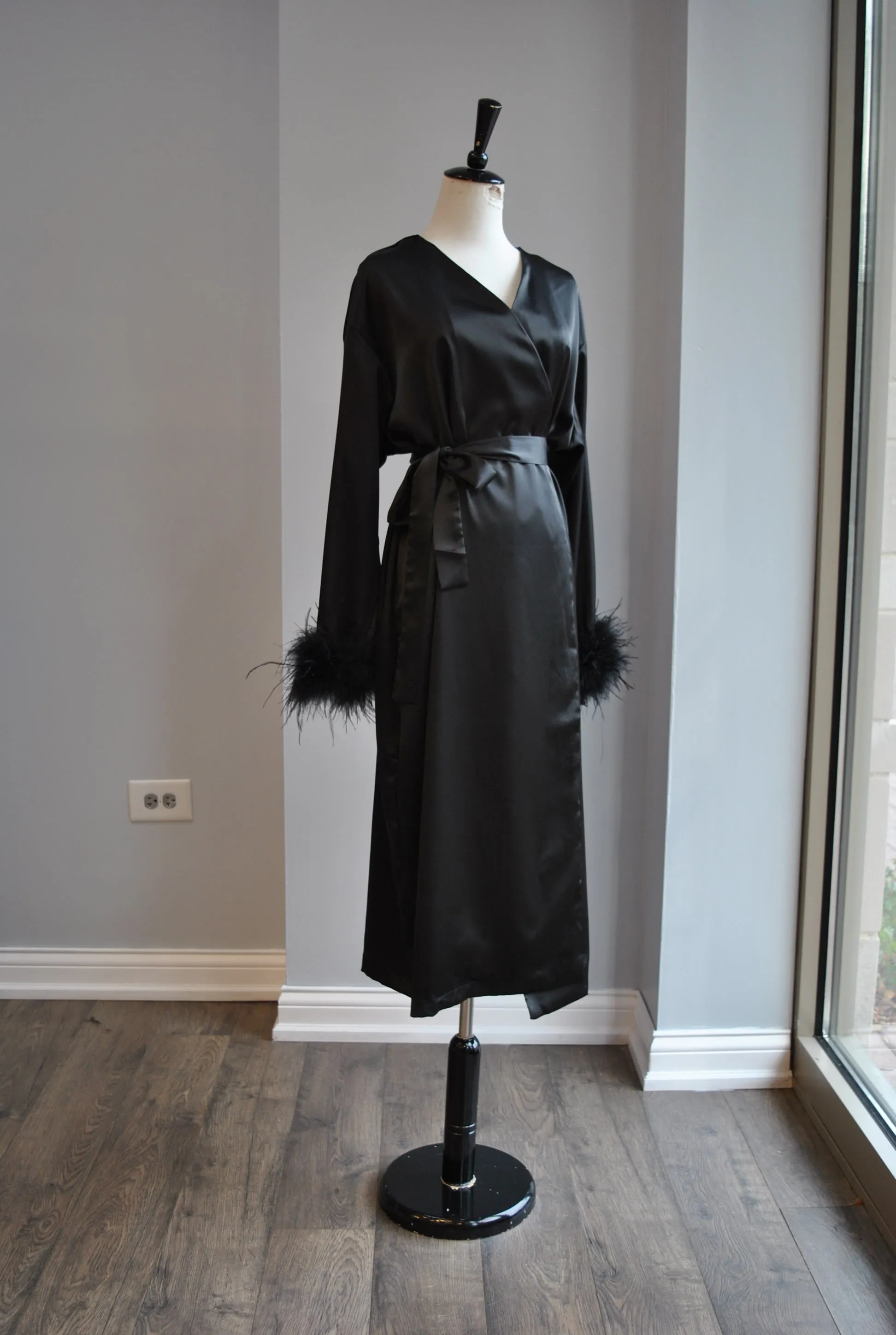 CLEARANCE - BLACK WRAP MIDI SILKY ELEGANT ROBE