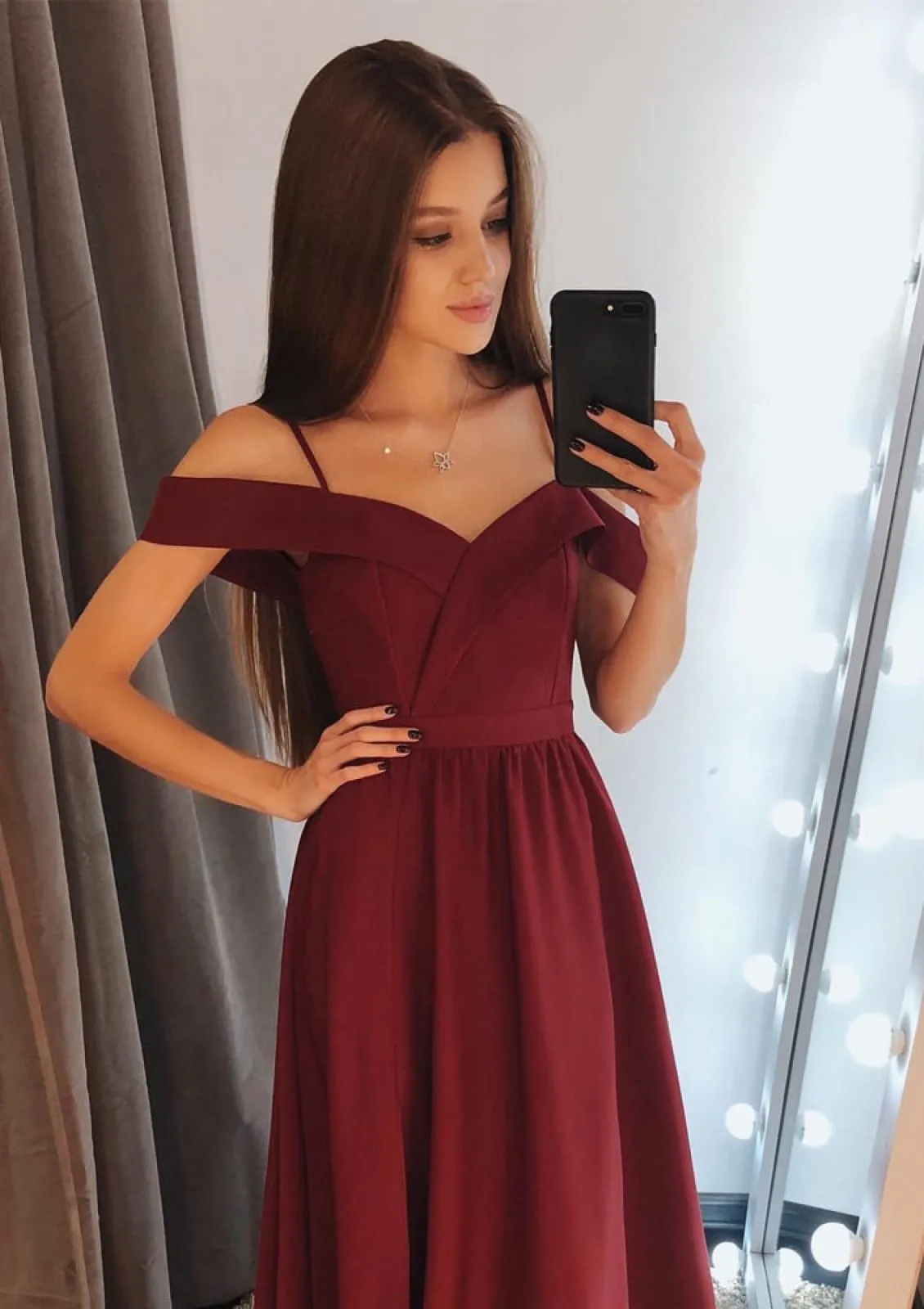 Cold Shoulder Surplice Floor Length Burgundy Satin A-line Evening Gown