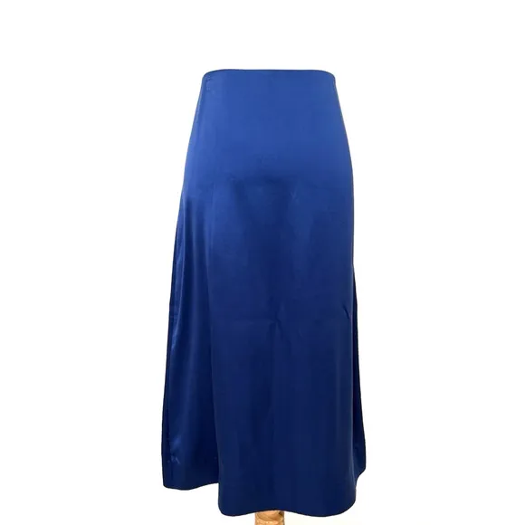 COS A-Line Midi Skirt 10 Royal Blue Silk Lyocell Side-Zip Unlined Rear Slit