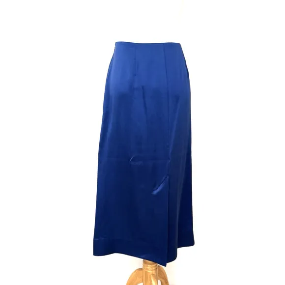 COS A-Line Midi Skirt 10 Royal Blue Silk Lyocell Side-Zip Unlined Rear Slit