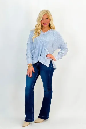 Cotton Blue Ribbed Mineral Wash Hooded Top