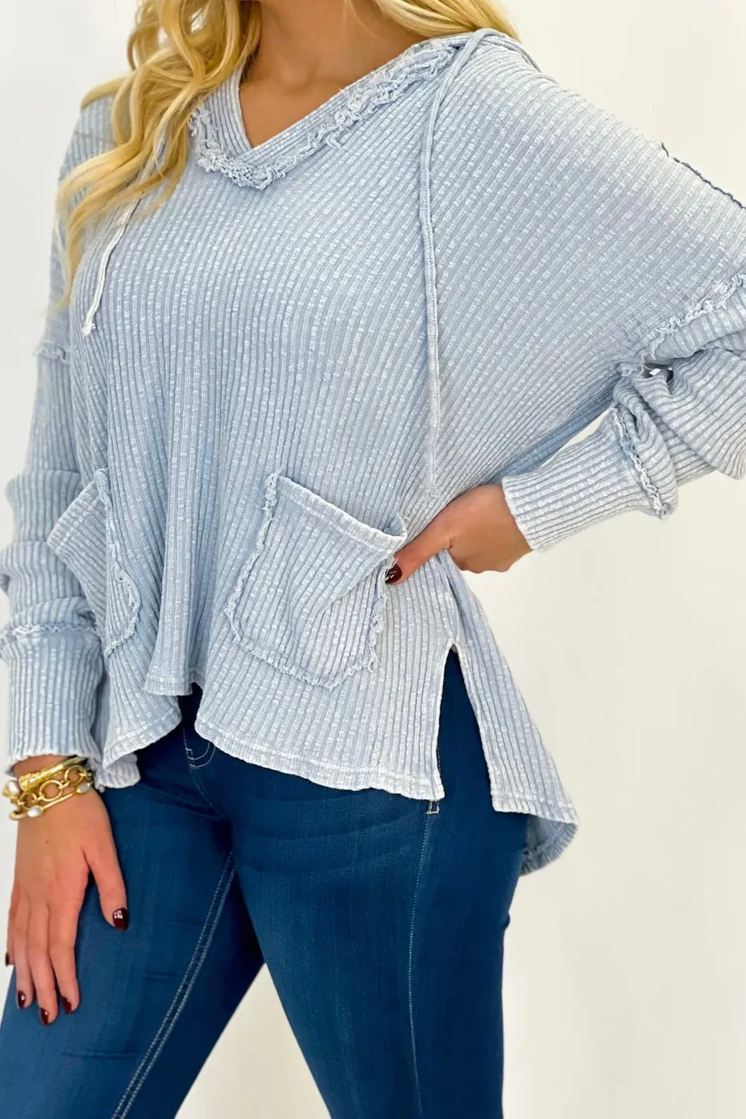 Cotton Blue Ribbed Mineral Wash Hooded Top