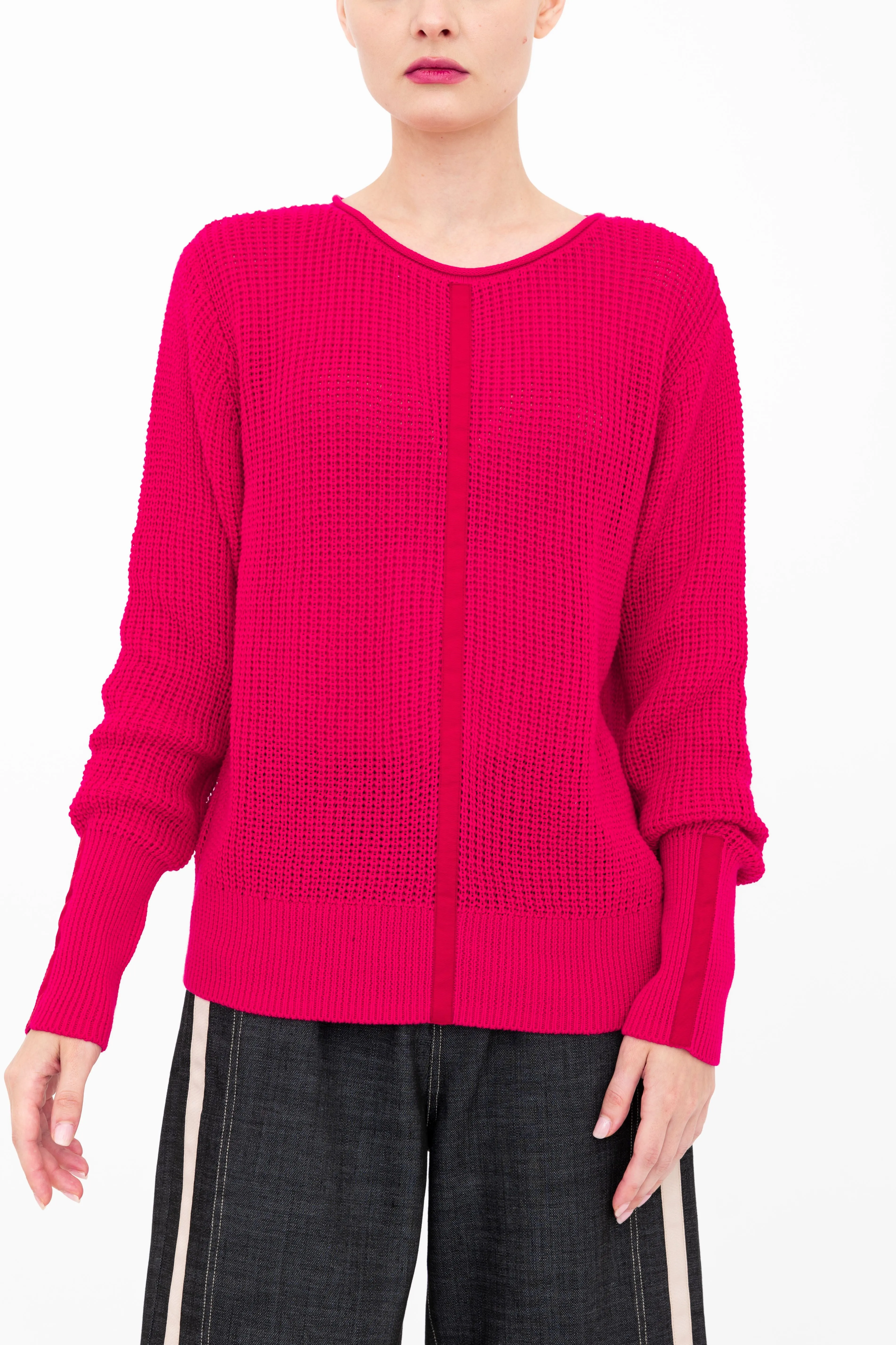 Cotton Waffle Knit Top with Grosgrain Trim - BERNETTE