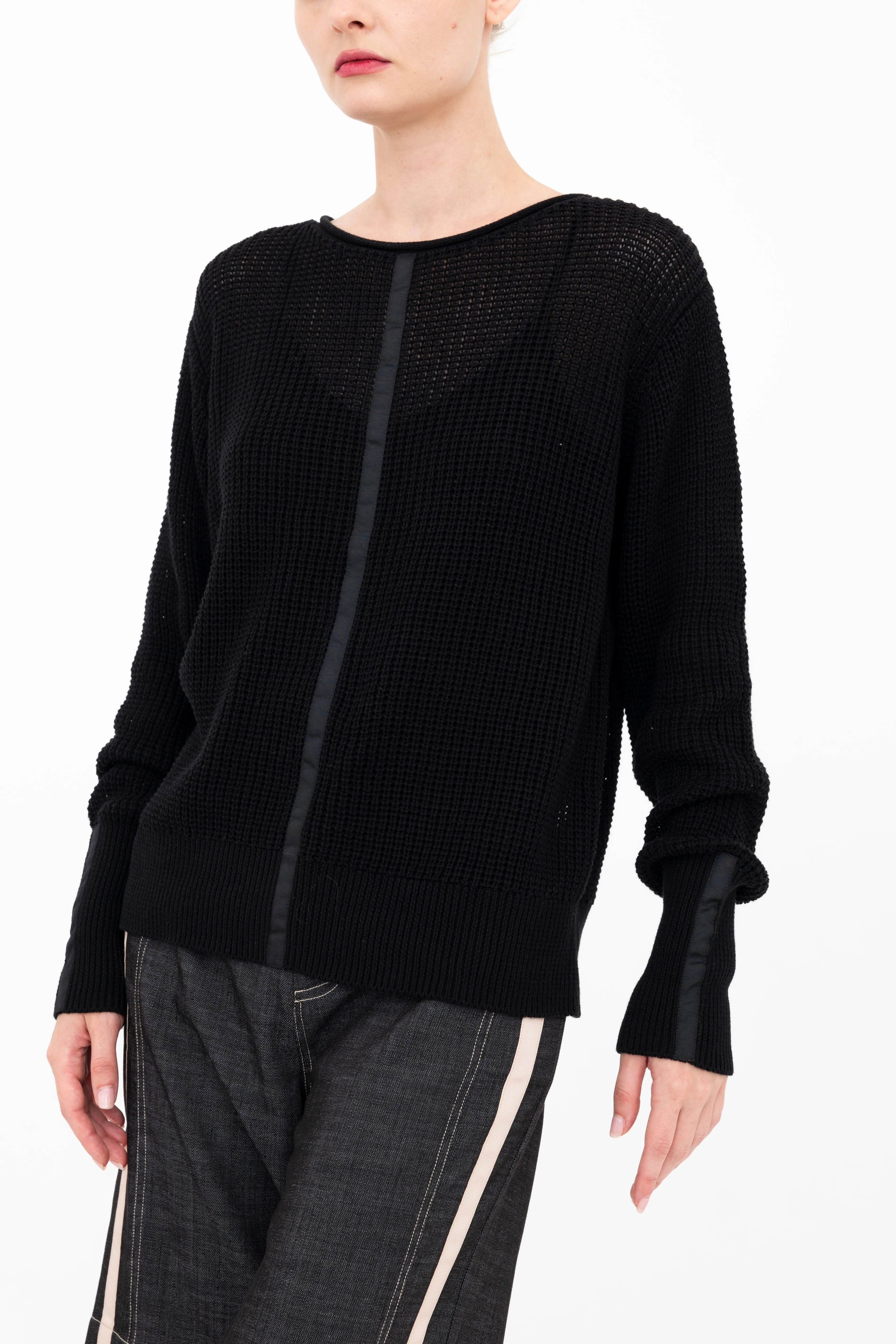 Cotton Waffle Knit Top with Grosgrain Trim - BERNETTE