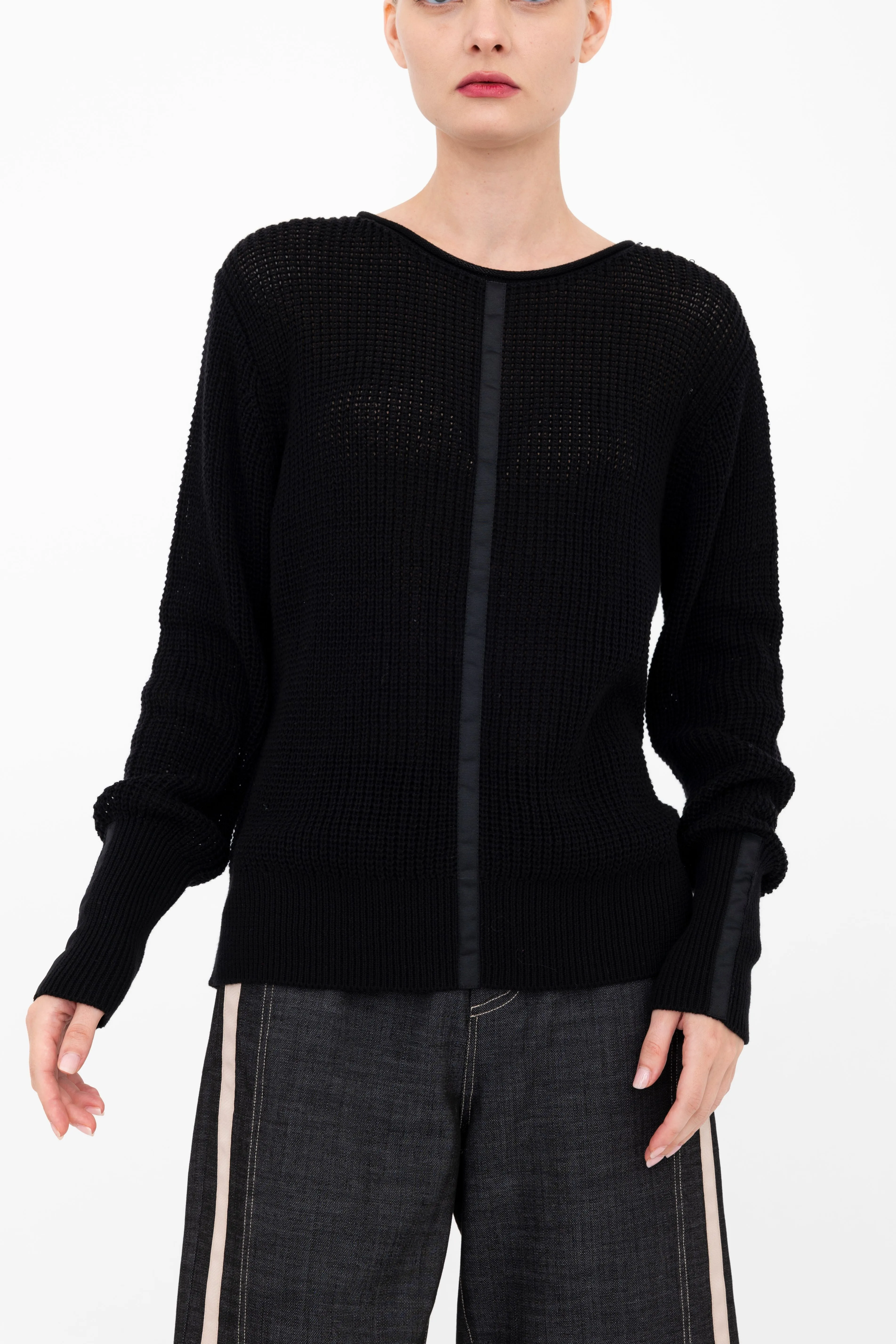 Cotton Waffle Knit Top with Grosgrain Trim - BERNETTE