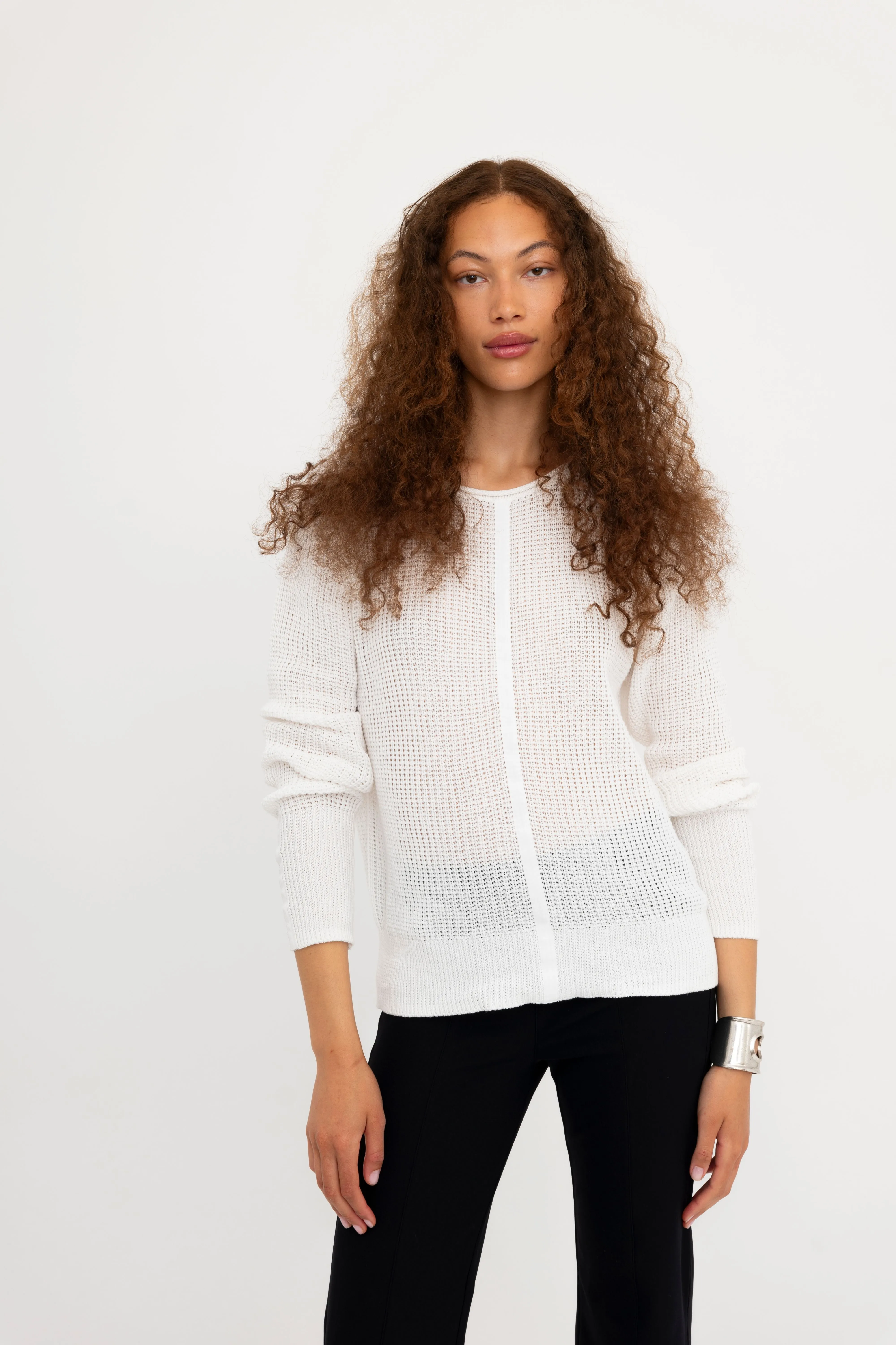 Cotton Waffle Knit Top with Grosgrain Trim - BERNETTE