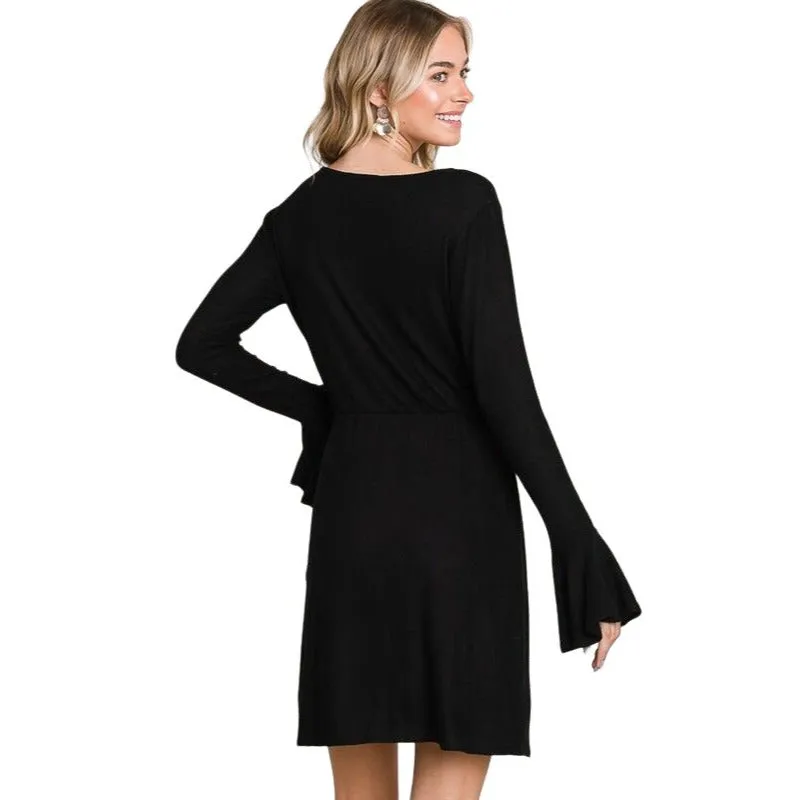 Culture Code Black Ruffle Long Sleeve Wrap Tie Dress CHD1390L