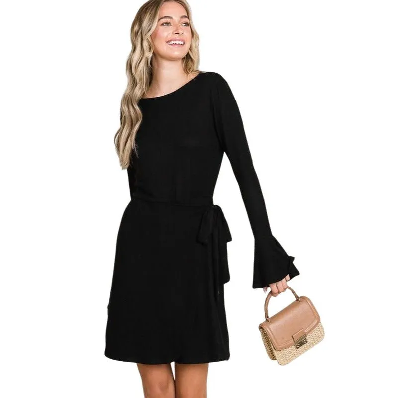 Culture Code Black Ruffle Long Sleeve Wrap Tie Dress CHD1390L