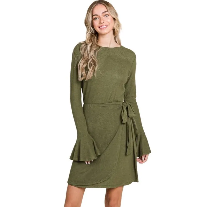 Culture Code Black Ruffle Long Sleeve Wrap Tie Dress CHD1390L