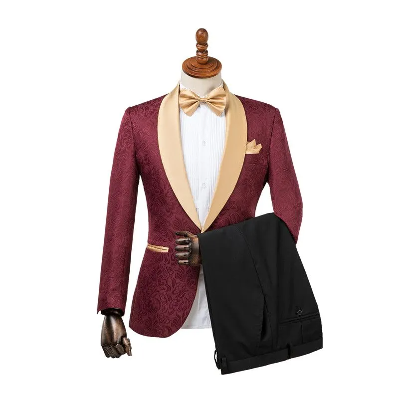 Custom design Burgundy Slim Fit Jacquard Wedding Suit for Men