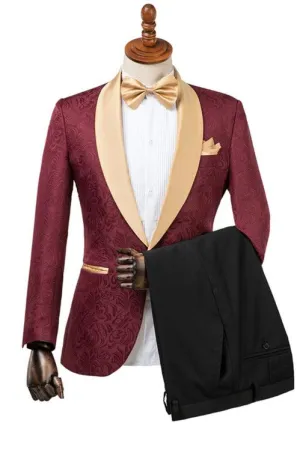 Custom design Burgundy Slim Fit Jacquard Wedding Suit for Men
