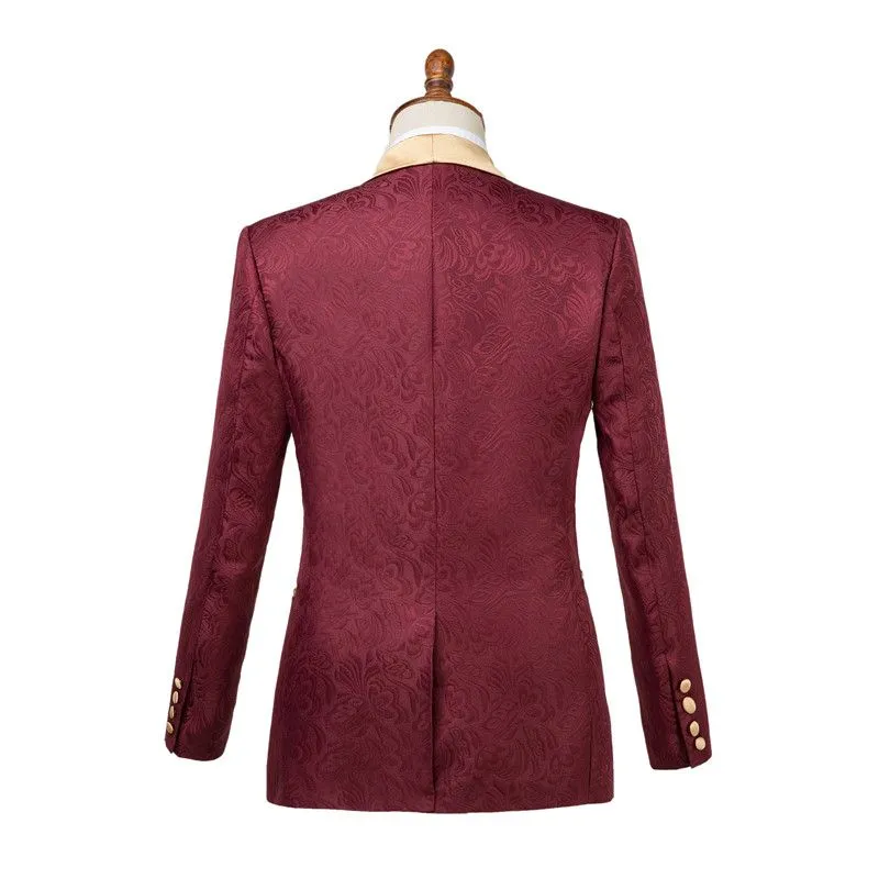Custom design Burgundy Slim Fit Jacquard Wedding Suit for Men
