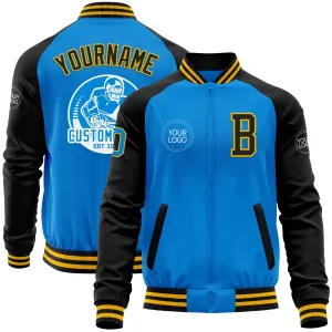 Custom Powder Blue Gold-Black Bomber Varsity Letterman Two Tone Zipper Jacket