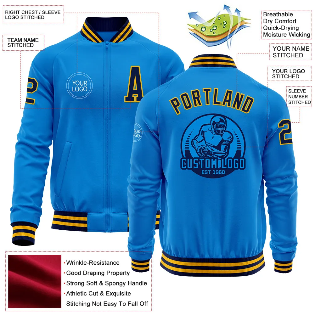 Custom Powder Blue Navy-Gold Bomber Varsity Letterman Zipper Jacket