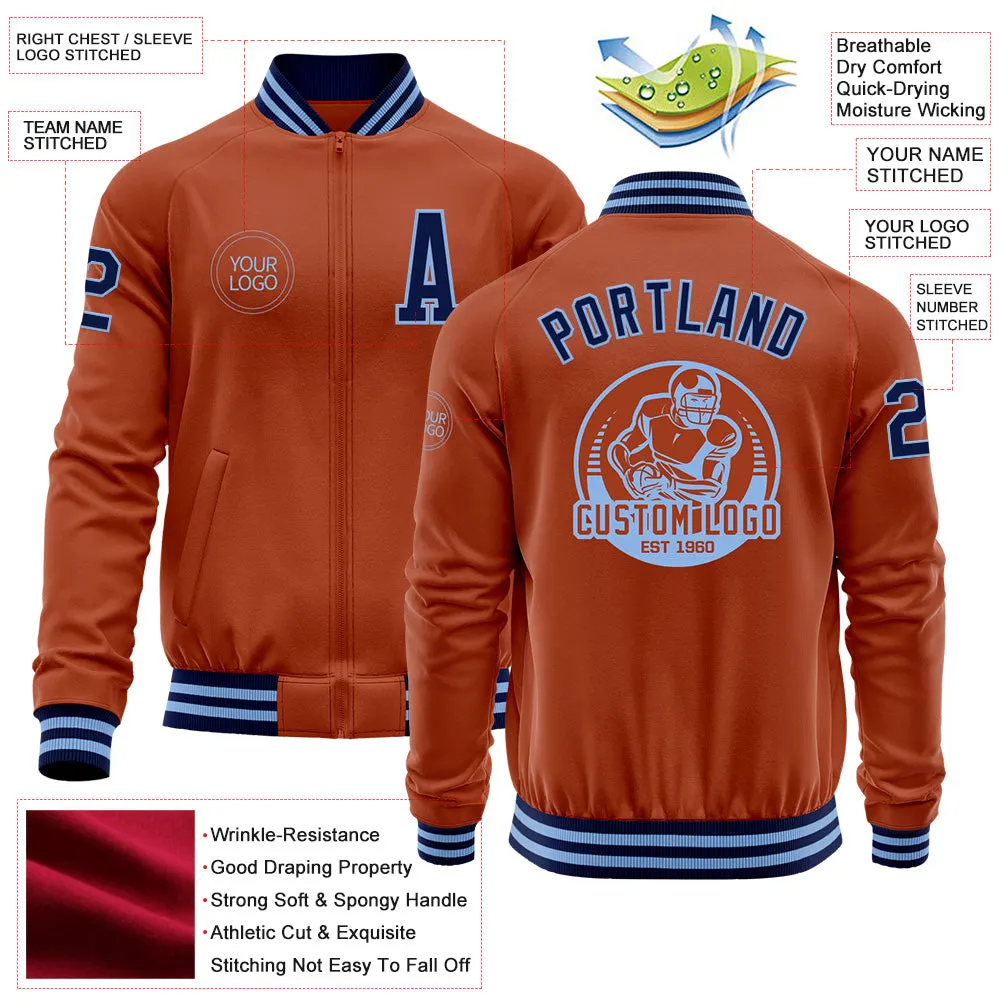 Custom Texas Orange Navy-Light Blue Bomber Varsity Letterman Zipper Jacket